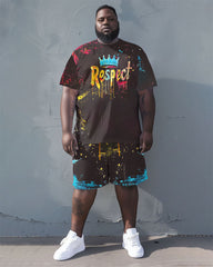 Men's Plus Size Street Fashion Graffiti Respect Alphabet Print T-Shirt Shorts Suit