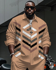 Men's Big & Tall Orange Colorblock Stripe Print Long Sleeve Shirt Trousers Set