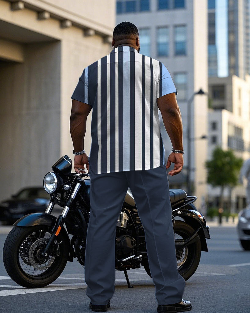 Men's Plus Size Fashion Business Blue Striped Contrast Short Sleeve Shirt Trousers Suit