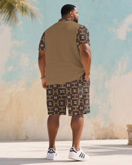 Big & Tall Men's Summer Khaki Big Brand Pattern Stitching Polo Short Sleeve Shirt Shorts Suit
