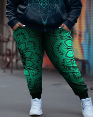 Women's Big and Tall Green Gradient Mandala Hoodie Set