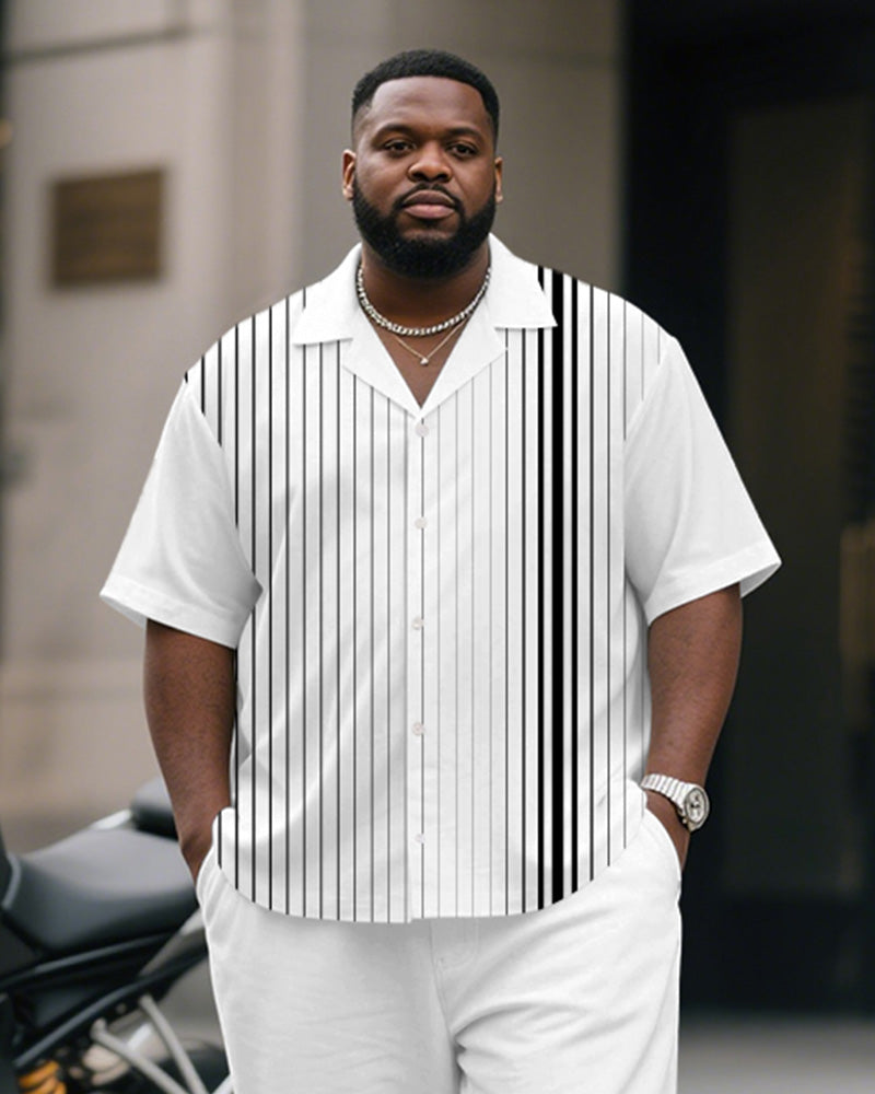 Men's Plus Size Business Gray Gradient Stripe Print Short Sleeve Shirt Trousers Suit