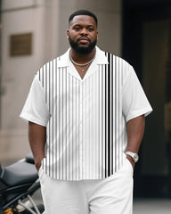 Men's Plus Size Business Gray Gradient Stripe Print Short Sleeve Shirt Trousers Suit