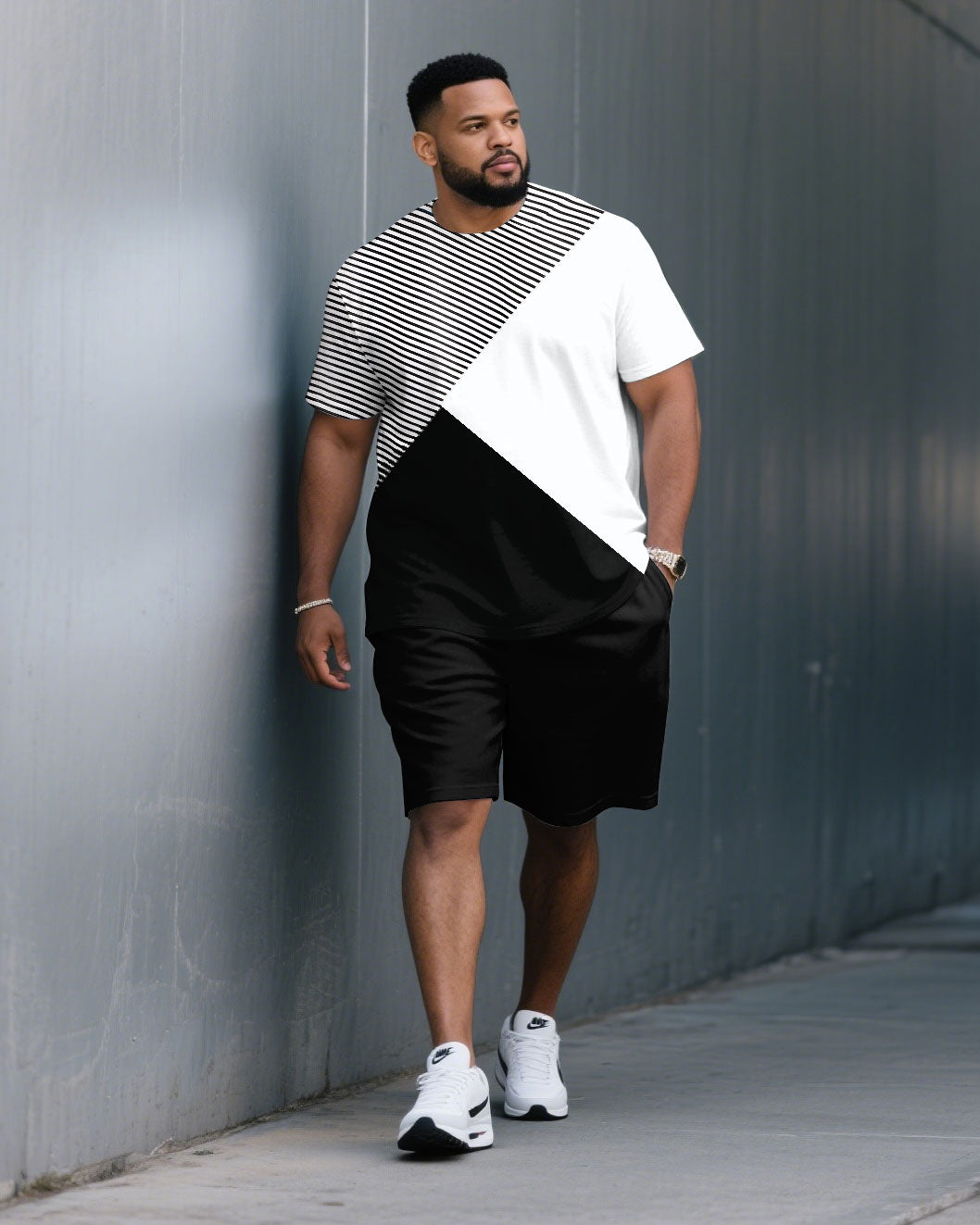 Men's Plus Size Stripe Patchwork White & Black Round Neck Short Sleeve T-Shirt Shorts Suit