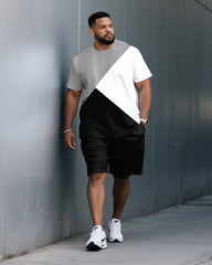 Men's Plus Size Stripe Patchwork White & Black Round Neck Short Sleeve T-Shirt Shorts Suit