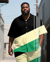 Men's Plus Size Casual Business Black Green Geometric Striped Print Shirt Shorts Suit