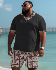 Big & Tall Men's Casual Simple Geometric Print Polo Shorts Set