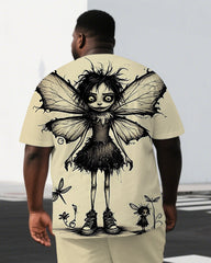 Men's Casual Butterfly Girl Back Print Big & Tall Breathable Outdoor Short-Sleeve T-shirt Shorts Set