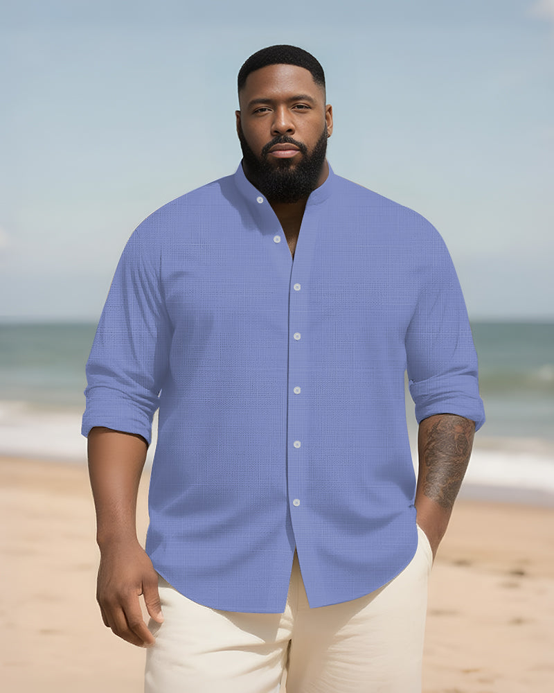 Big & Tall Men's Daily Solid Color Bamboo Hemp Texture Stand Collar Long Sleeve Shirt