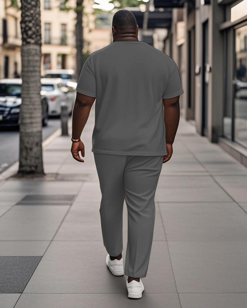 Men's Plus Size Black Grey Colorblock Stripe Geometric Print Henry Collar T-Shirt Pants Suit