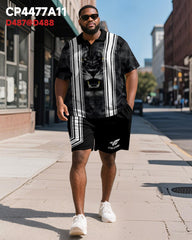 Big & Tall Men's Business Black Tiger Graffiti Stripe Print Short Sleeve Polo Shirt Shorts Suit