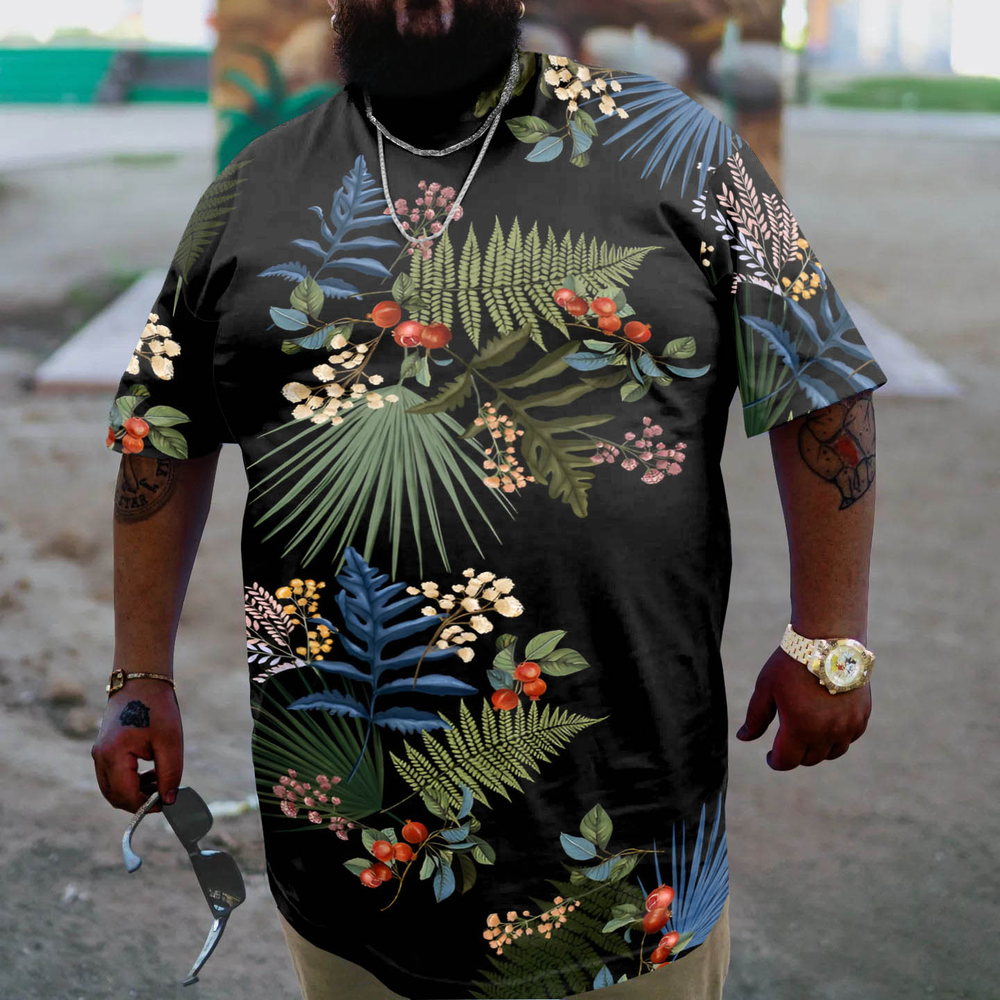 Black Plus Size Casual Floral T-Shirt