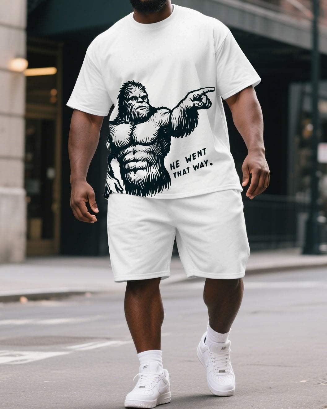 Men's Big & Tall Cartoon He Want That Way Gorillas Print Short-Sleeved T-shirt & Short Set
