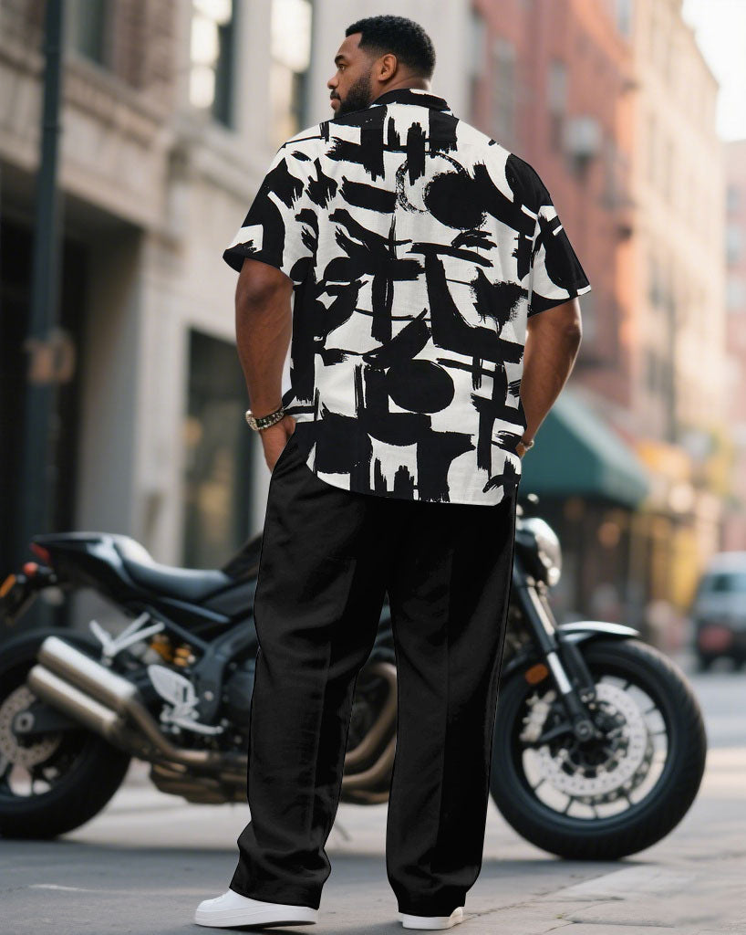 Men's Plus Size Black & White Graffiti Business Short Sleeve Shirt Pants Suit
