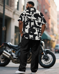 Men's Plus Size Black & White Graffiti Business Short Sleeve Shirt Pants Suit