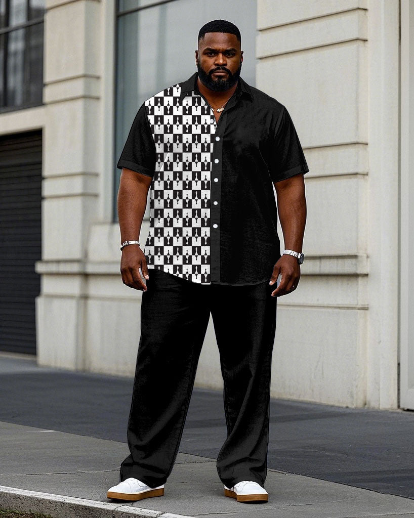 Men's Plus Size Business Simple Black & White Stitching Short Sleeve Shirt Trousers Suit