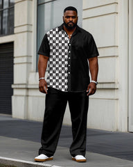 Men's Plus Size Business Simple Black & White Stitching Short Sleeve Shirt Trousers Suit