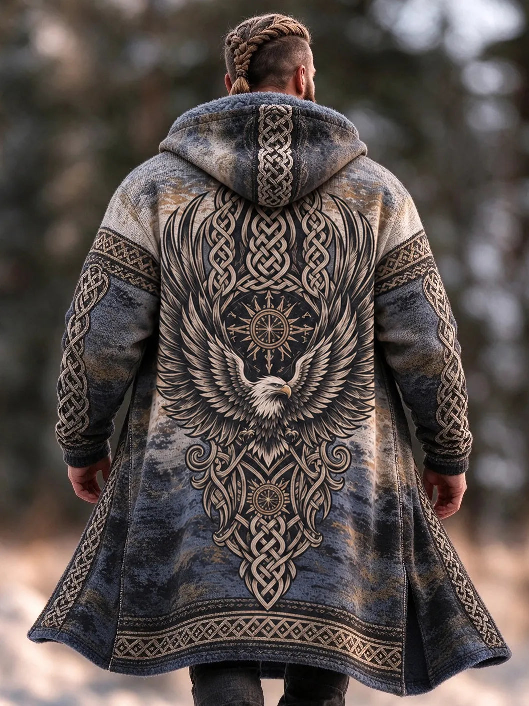 Men's Vintage Viking Eagle Celtic Knot Art Print Fleece-lined Warm Zip Up Hooded Coat