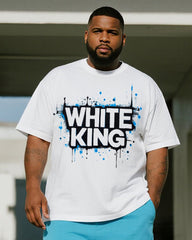 Big & Tall Men's Graffiti White King Alphabet Print Round Neck Short Sleeve T-Shirt Shorts Suit