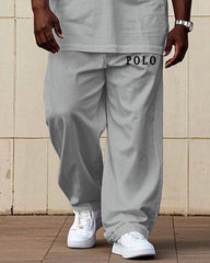 Men's Plus Size Black & Grey Colorblock Logo Print Short Sleeve T-Shirt Trousers Suit