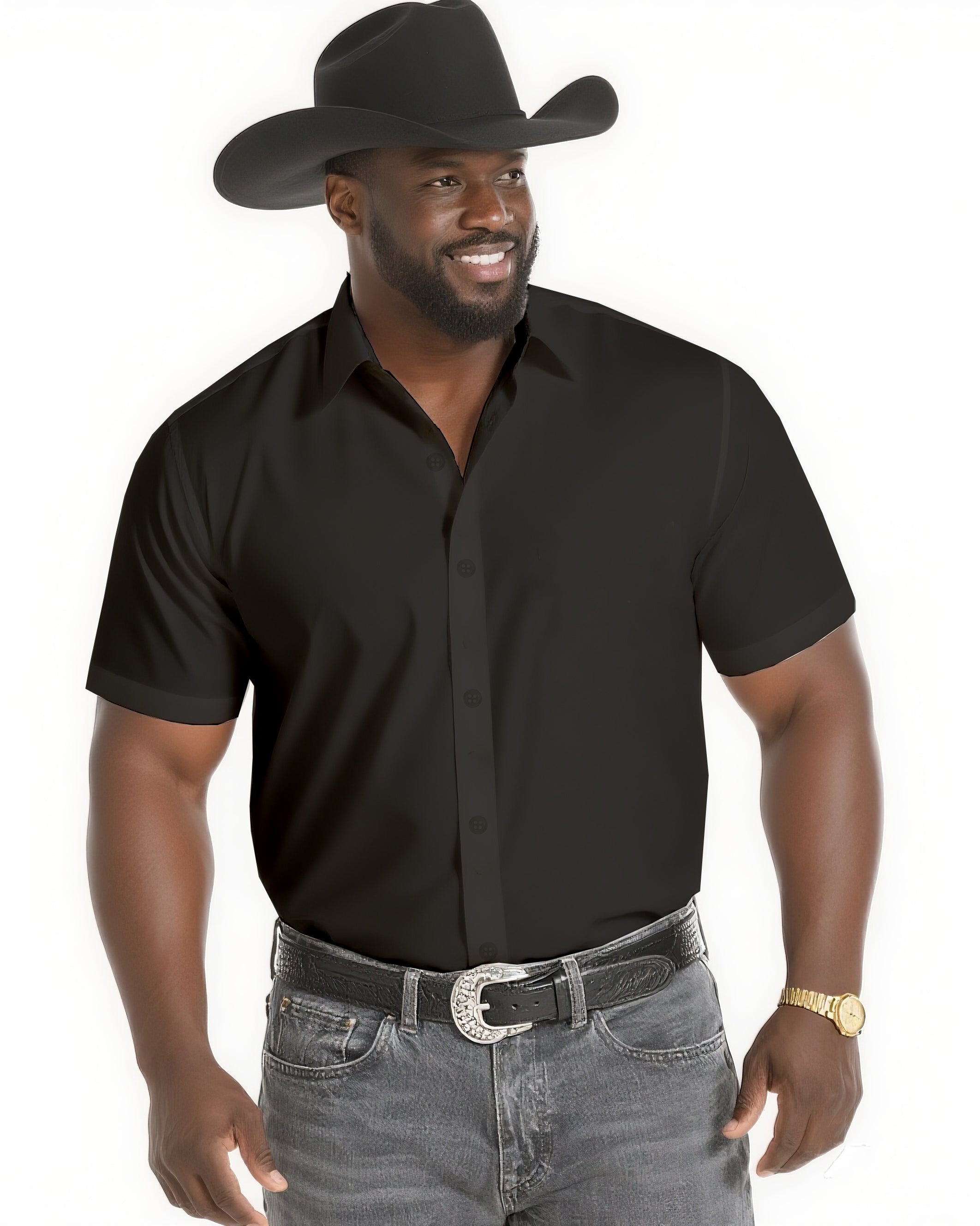 Big & Tall Men's Western Style Daily Casual Back Maria Textured Black Short Sleeve Shirt