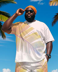 Big & Tall Men's Hawaiian Pink Leaf Print Round Neck Short Sleeve T-Shirt Shorts Suit