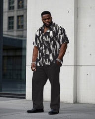Men's Plus Size Business Casual Charcoal Black Geometric Pattern Short Sleeve Shirt Trousers Suit
