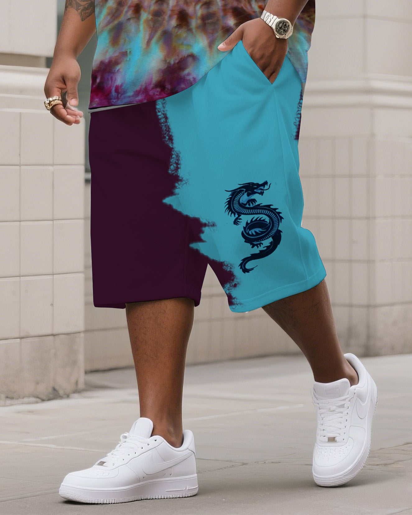 Men's Plus Size Rich Razzin Rolled Ice Dye Tie-Dye Crewneck T-Shirt Shorts Suit