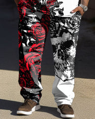 Men's Plus Size Street Fashion Skull Feather Rose Print T-Shirt Trousers Suit