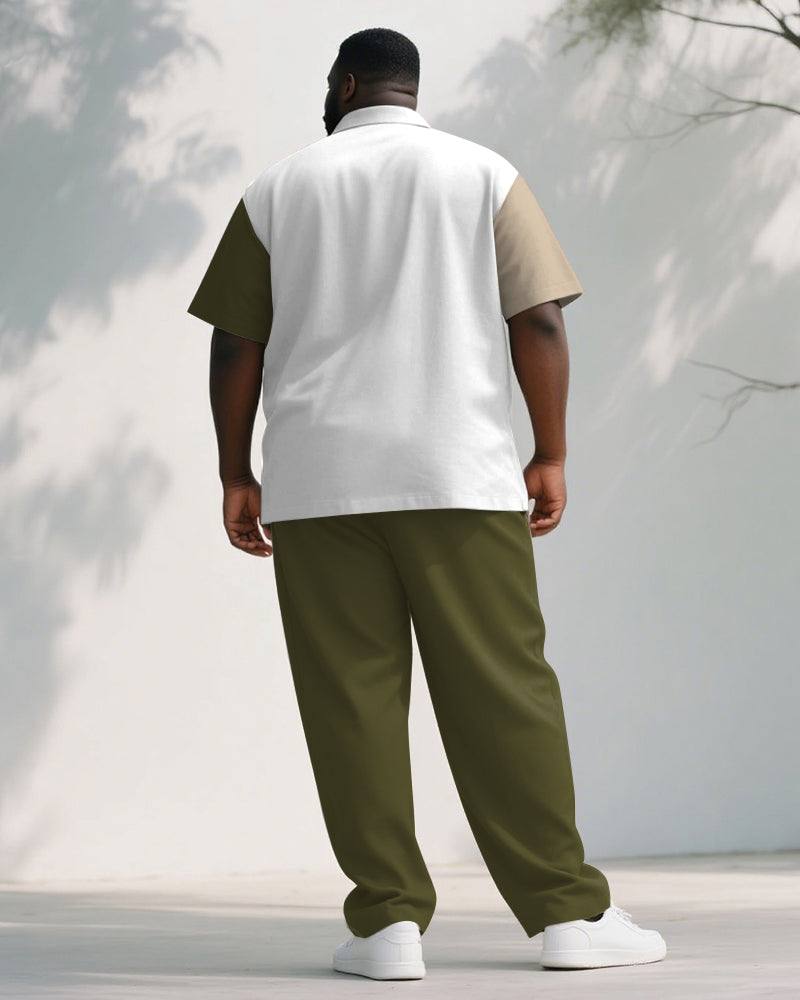 Big & Tall Men's Business Green Colorblock Striped Print Pocket Short Sleeve Shirt Pants Suit