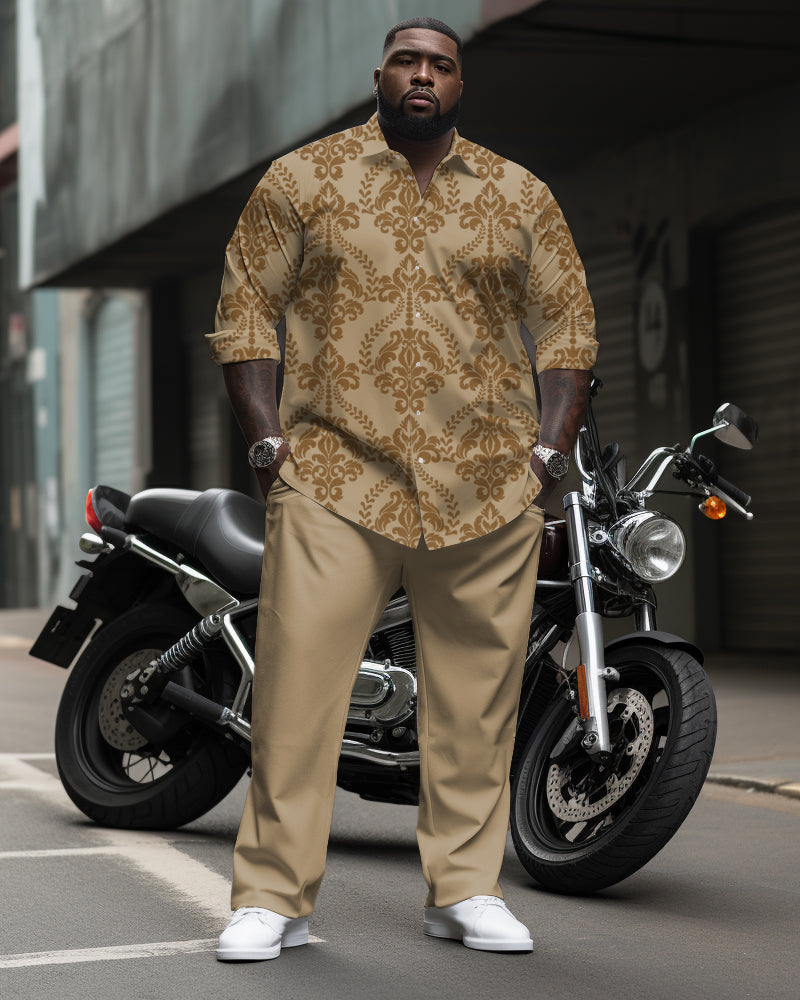 Big Guys High-grade Same Color Retro Pattern Printed Long-sleeve Lapel Shirt 2-piece Set