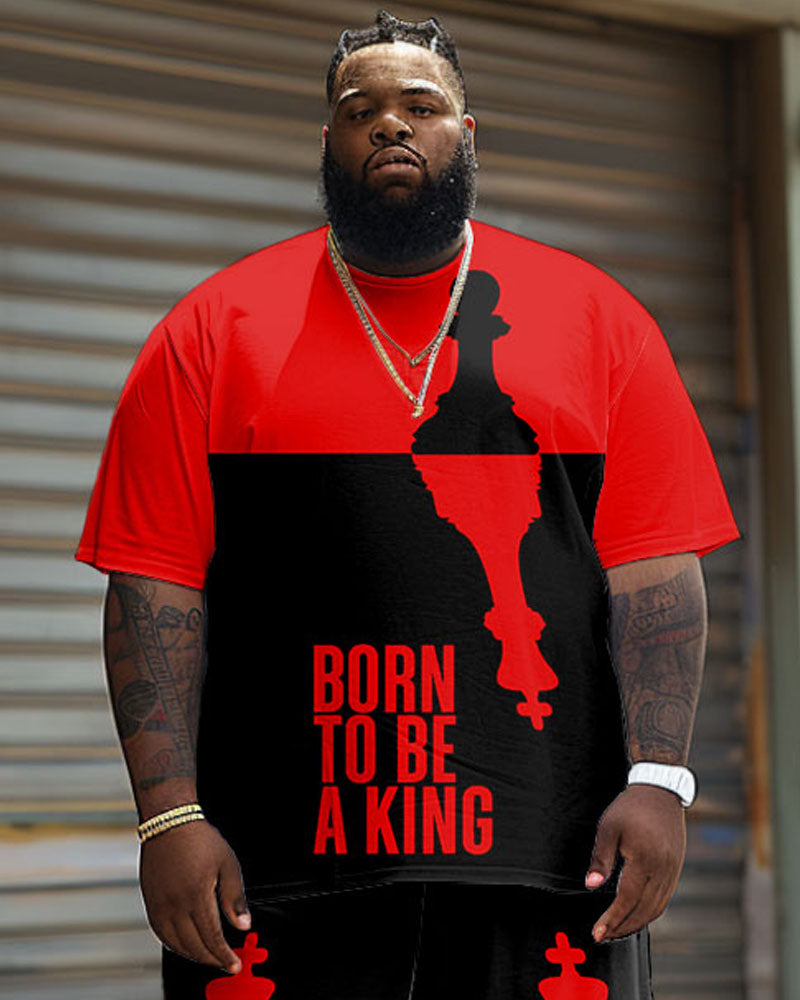 Men's Plus Size Street Fashion Colorblock King Alphabet Print T-Shirt Shorts Suit