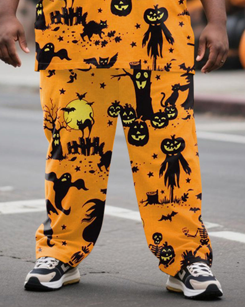 Big & Tall Men's Halloween Orange Black Color Cartoon Pumpkin Bat Print T-Shirt Pants Suit
