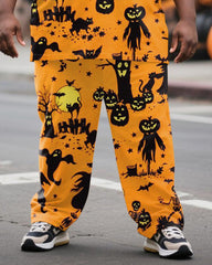 Big & Tall Men's Halloween Orange Black Color Cartoon Pumpkin Bat Print T-Shirt Pants Suit