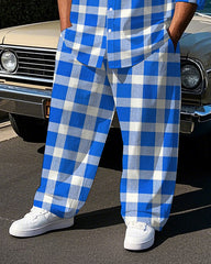 Men's Simple Gentlemen Blue Plaid Printed Daily Casual Big & Tall Long Sleeve Shirt Pants Set