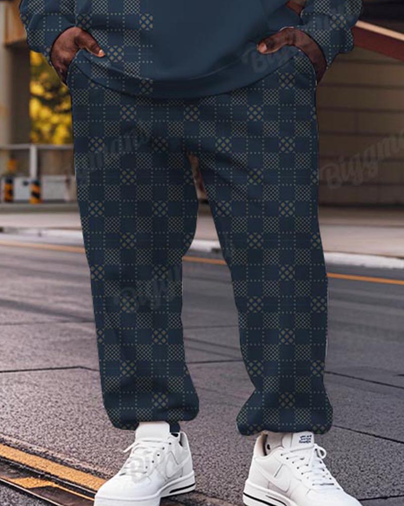Men's Casual Blue Pattern Letter Print Big Size Hoodie Set