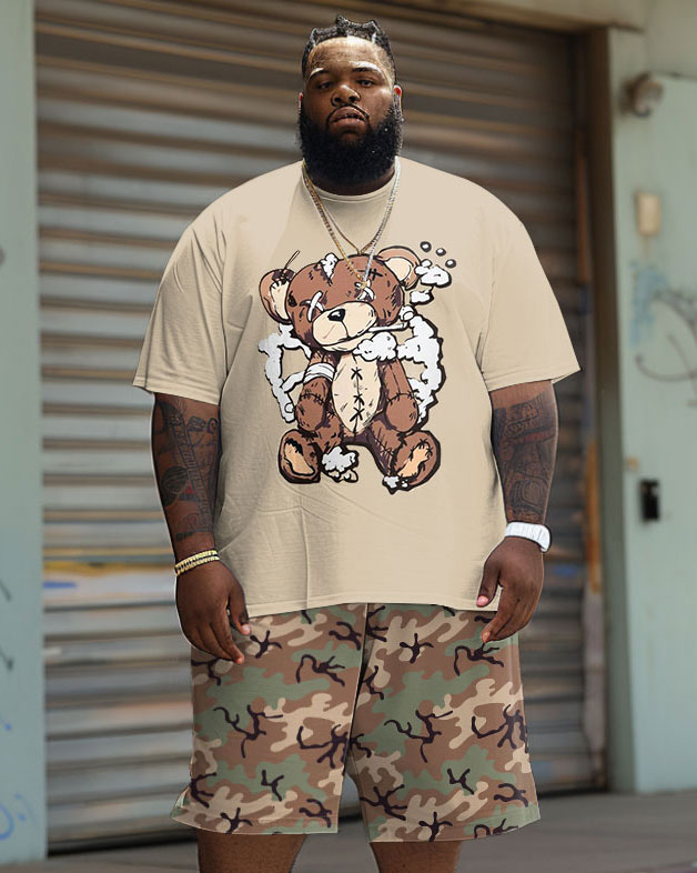 Big Guys Street Casual Camouflage Bear Print T-Shirt Shorts Set
