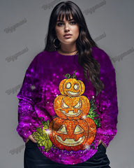 Halloween Pumpkin Sequin Print Plus Size Long Sleeve Top