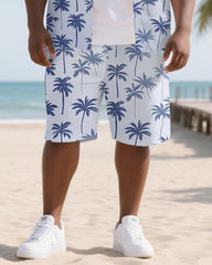 Men's Outdoor Hawaiian Style Coconut Trees Printed Big & Tall Short Sleeve Shirt Shorts 2-Piece Set