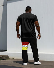 Men's Plus Size Casual Black "Respect" Slogan Chest Print Short Sleeve T-Shirt Trousers Suit