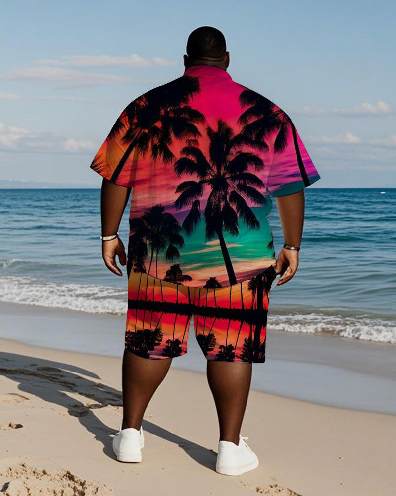 Men's Plus Size Hawaiian Rose Red Gradient Coconut Tree Print Shirt Shorts Suit