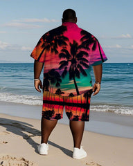Men's Plus Size Hawaiian Rose Red Gradient Coconut Tree Print Shirt Shorts Suit