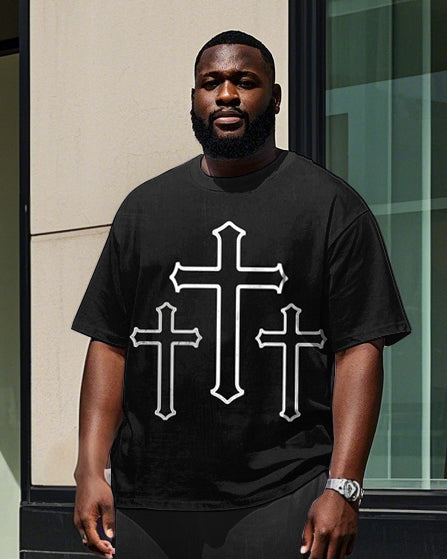 Men's Round Neck Simple Cross Printed Outdoor Big & Tall Short Sleeve T-shirt Pants Set