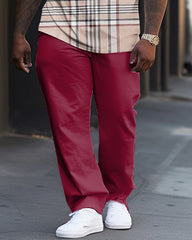 Men's Plus Size King Color-Blocked Plaid Casual Street Short-Sleeved Trousers Casual Two-Piece Set