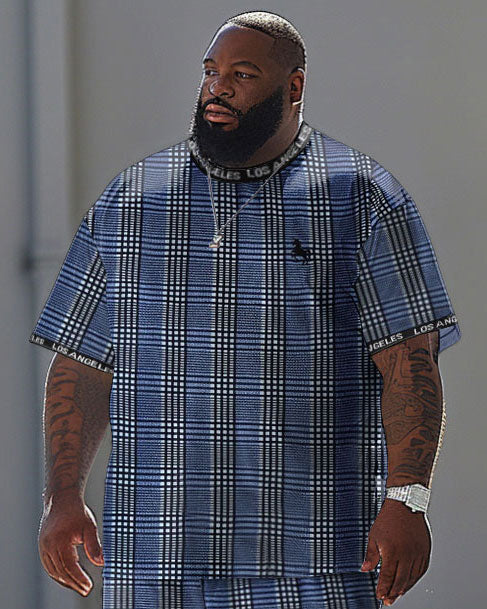 Men's Large Simple Plaid Patchwork Letter Neck Printed T-Shirt Pants Suit