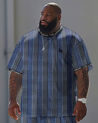 Men's Large Simple Plaid Patchwork Letter Neck Printed T-Shirt Pants Suit