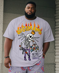 Big & Tall Men's Purple Skull Graffiti Flower Print Round Neck Short Sleeve T-Shirt Shorts Suit