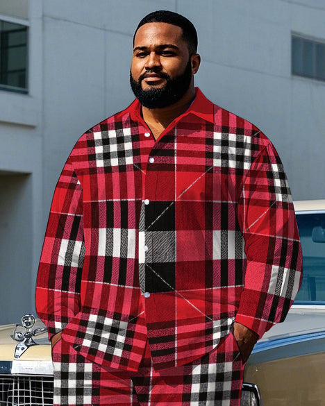 Men's Simple Fashion Red Plaid Printed Daily Casual Big & Tall Long Sleeve Shirt Pants Set