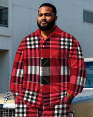 Men's Simple Fashion Red Plaid Printed Daily Casual Big & Tall Long Sleeve Shirt Pants Set