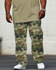 Men's Plus Size Casual Khakis & Green Army Camouflage "Respect" Slogan Chest Print Short-sleeved T-shirt Trousers Suit